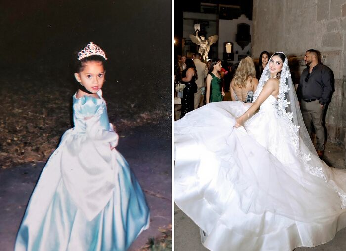 Then-and-now photos showing a girl as a child in a princess dress and grown woman in a wedding gown.
