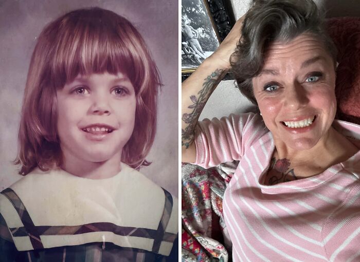 Side-by-side then-and-now photos of a woman showing how time transforms everything with visible aging and style changes.