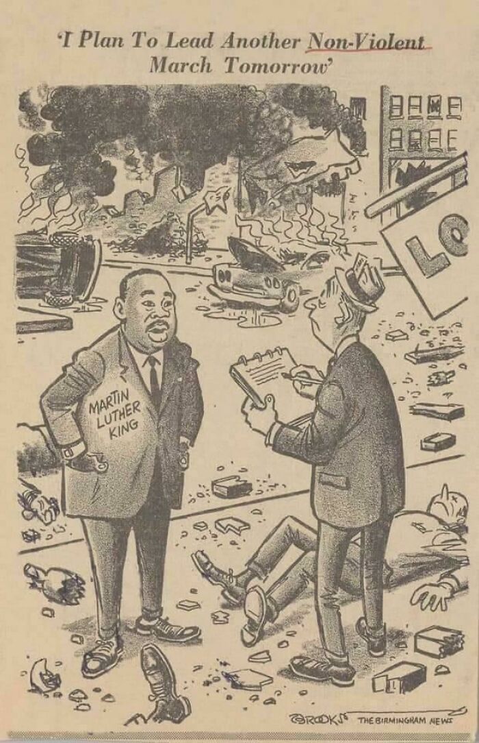 Old photo cartoon depicting Martin Luther King in a chaotic scene, illustrating photos that aged so badly facepalm reaction.