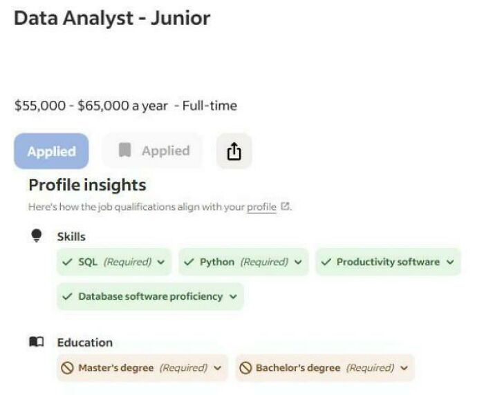Screenshot of a new job listing for Data Analyst Junior, showing required skills and educational background.