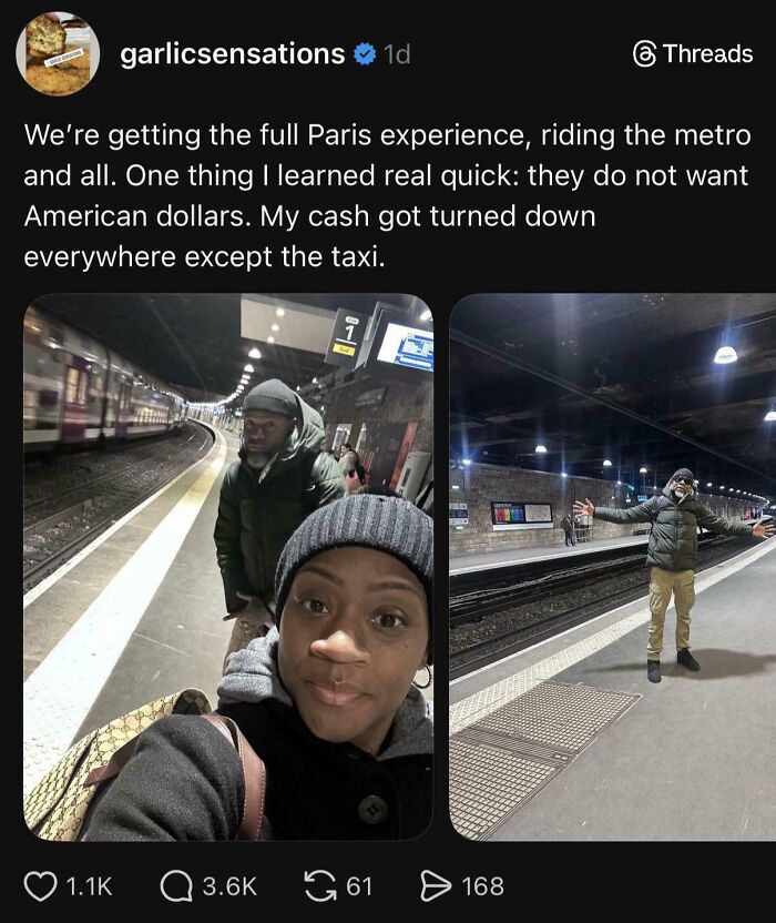 Two tourists at a Paris metro station, showing entitled behavior while waiting for the train late at night.