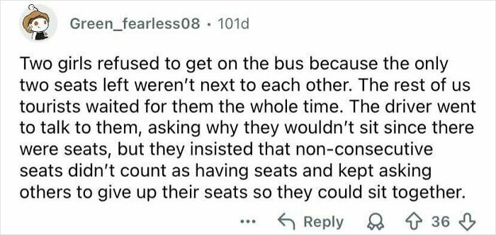 Screenshot of an online post showing tourists criticized for rude behavior refusing to sit apart on a crowded bus.