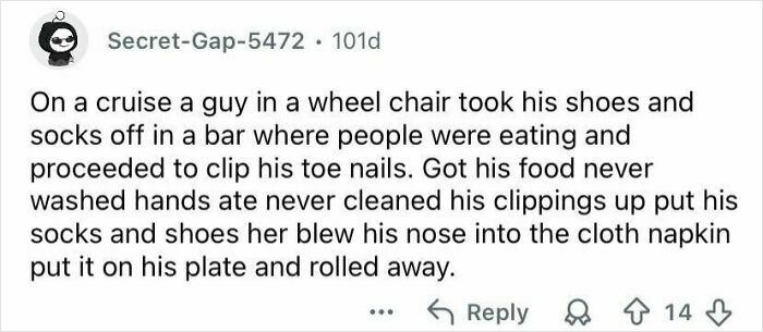 Reddit comment describing a rude and entitled tourist clipping toenails and blowing nose on a cruise ship bar.