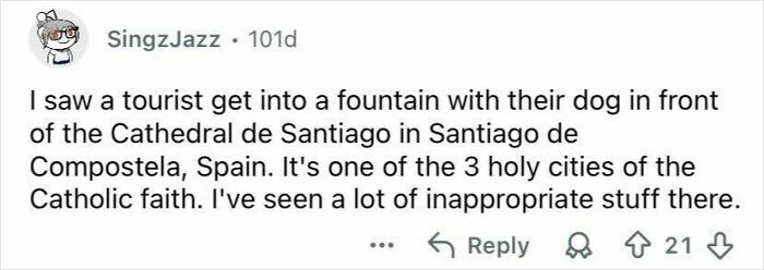 Comment describing a tourist behaving rudely by entering a fountain with their dog at a famous religious site in Spain.