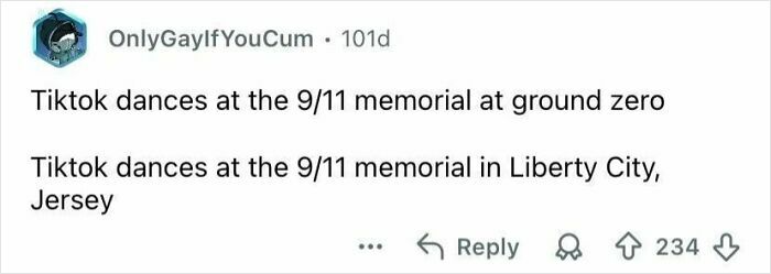 Screenshot of a social media comment criticizing tourists for disrespectful behavior at the 9/11 memorial.