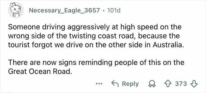 Screenshot of an online post describing tourists driving aggressively on the wrong side of the road in Australia.