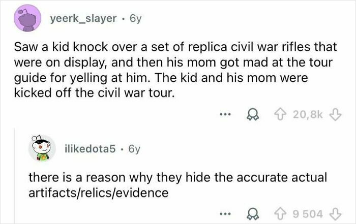 Screenshot of online comments describing rude tourist behavior during a civil war tour, highlighting entitled actions.