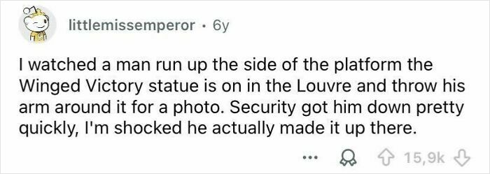 Screenshot of a social media comment describing rude and entitled tourist behavior at the Louvre’s Winged Victory statue.