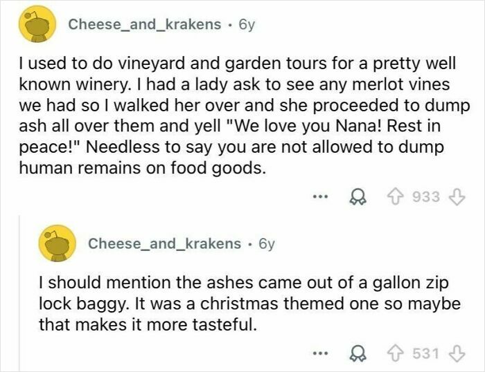 Screenshot of a social media post describing rude tourist behavior dumping ashes on winery grapes.