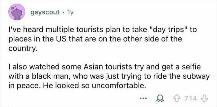 Comment describing rude tourist behavior making a black man uncomfortable while trying to get a selfie on the subway.