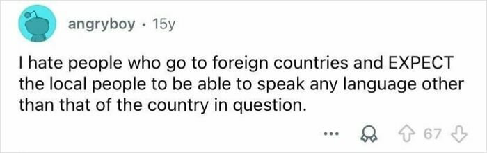 Screenshot of an online comment criticizing tourists for expecting locals to speak different languages, highlighting rude behavior.