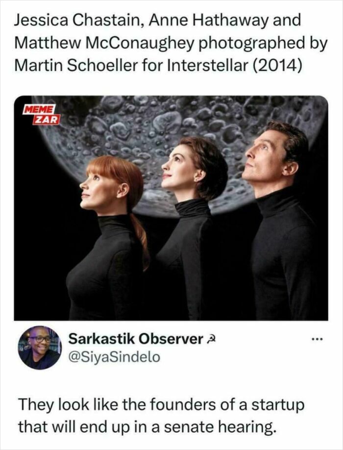 Portrait of three actors in black turtlenecks posing against a large moon backdrop for unhinged sentences meme content.