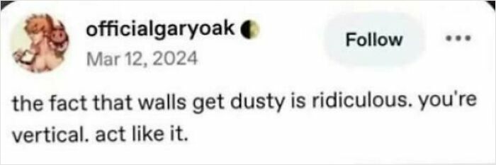 Screenshot of a social media post showing an unhinged sentence about walls getting dusty despite being vertical.