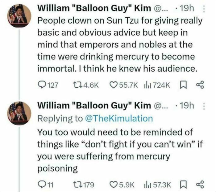 Screenshot of unhinged sentences on Twitter about Sun Tzu and mercury poisoning leaving everyone speechless.