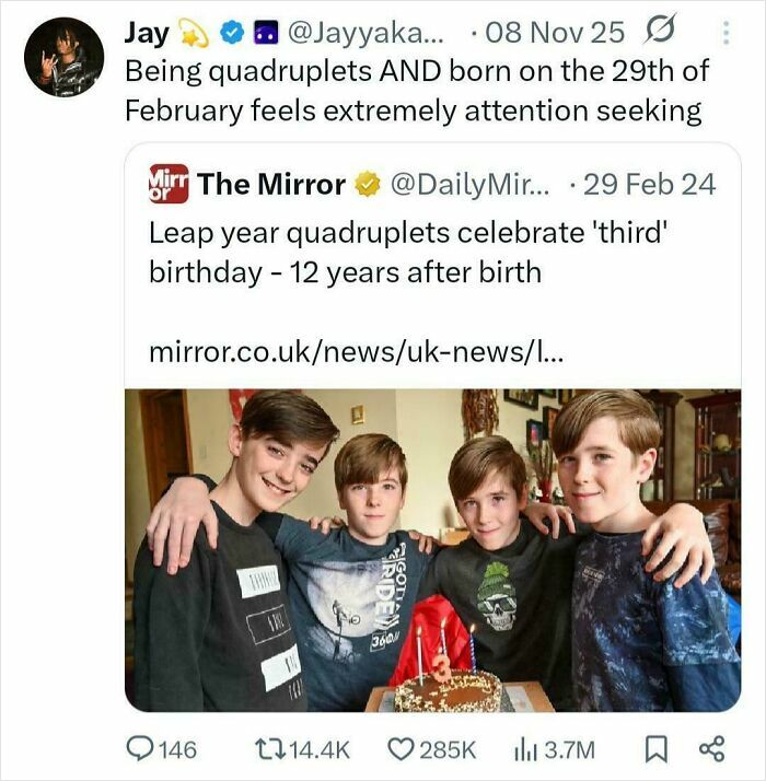 Four leap year quadruplets smiling around a birthday cake, illustrating unhinged sentences that leave everyone speechless.