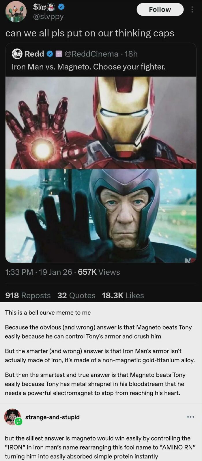 Screenshot of a social media debate meme about Iron Man vs Magneto, featuring unhinged sentences that surprised viewers.