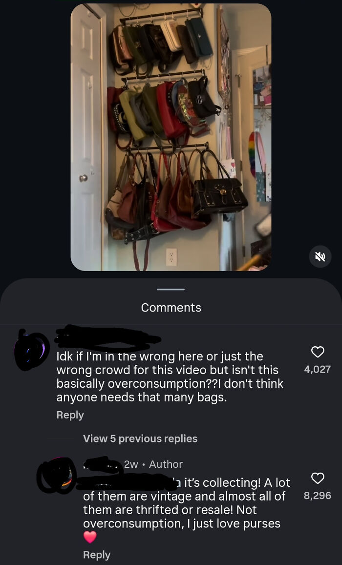 Wall-mounted collection of various handbags displayed in an organized fashion, highlighting influencer overconsumption trends.