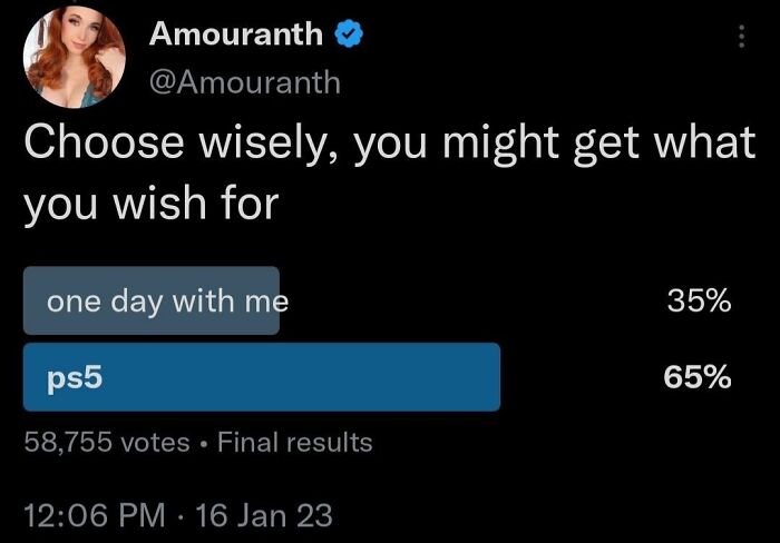 Twitter poll by influencer Amouranth showing 65% voted for PS5 over spending one day with her, highlighting cringy influencer behavior.
