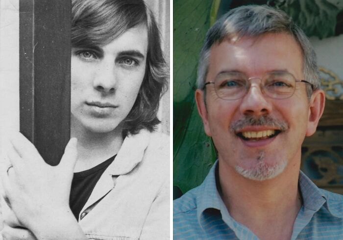 Side-by-side then-and-now photos showing how time transforms a man from youth to middle age with glasses and a smile.
