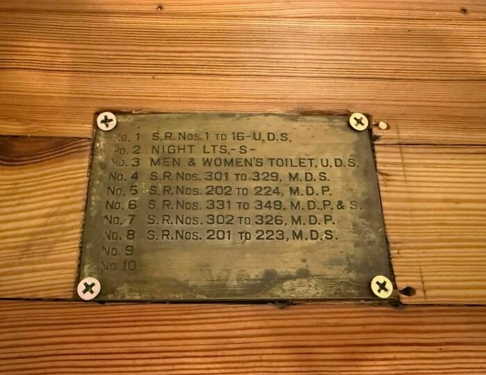 A rusty metal sign with faded text nailed to wooden planks in an abandoned or forgotten home.