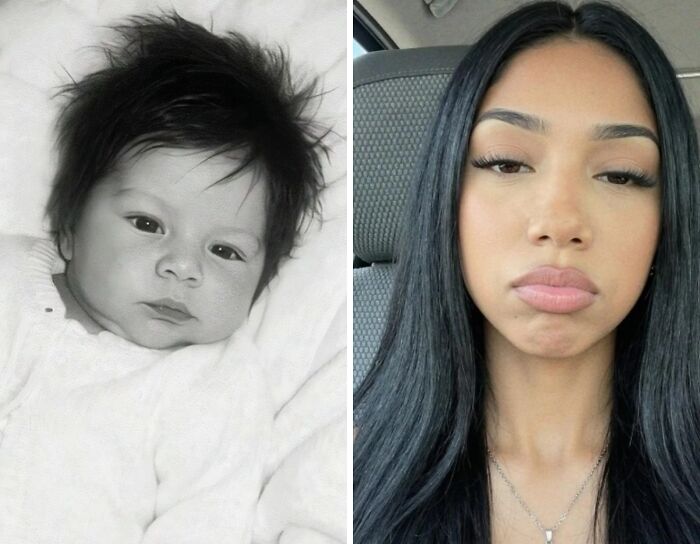 Side-by-side then-and-now photos showing how time transforms a baby into a young woman with long dark hair.