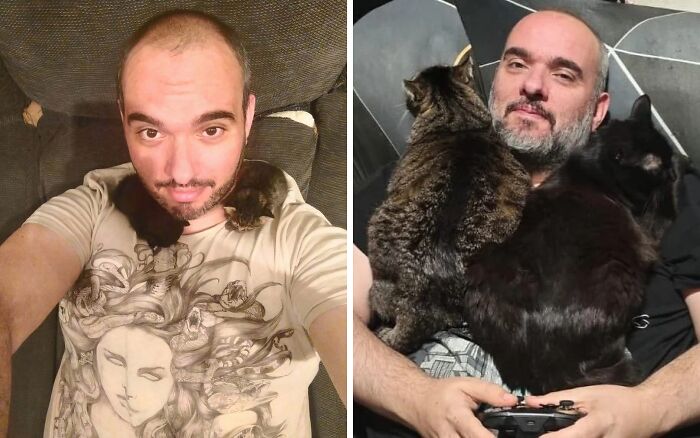 Man with two cats on his shoulders in two then-and-now photos showing how time transforms everything.