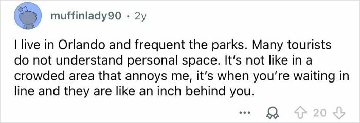Screenshot of an online comment describing rude and entitled behavior of tourists invading personal space in crowded parks.