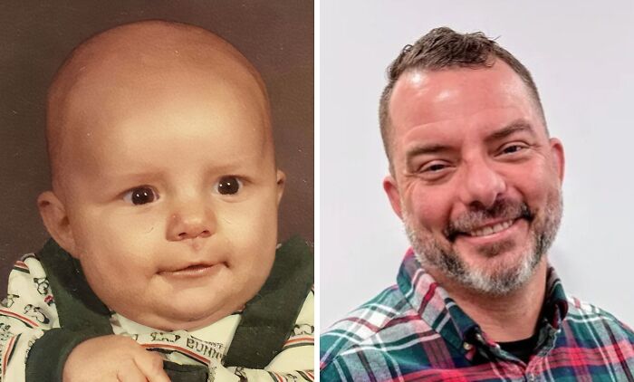 Side-by-side then-and-now photos of a man as a baby and as an adult, showcasing time transformation.