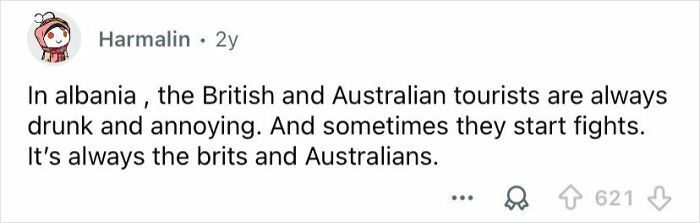 Screenshot of an online comment shaming British and Australian tourists for rude and entitled behavior in Albania.