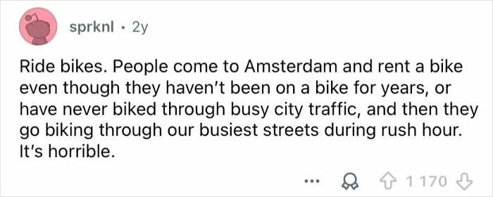 Screenshot of an online comment shaming tourists for rude behavior biking in busy Amsterdam city traffic.