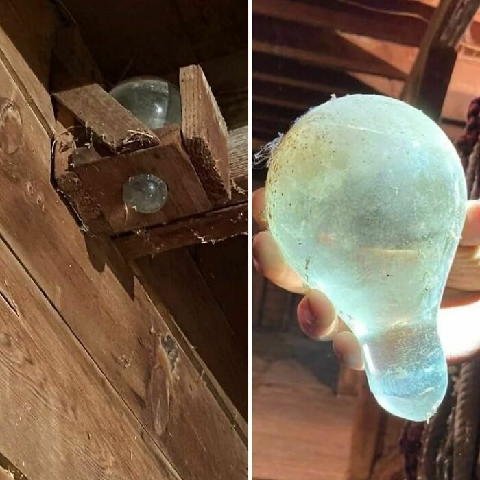 Old glass insulator found in an abandoned home attic, showcasing disturbing and weird forgotten objects in homes.