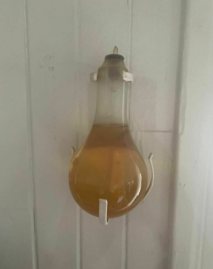 Old glass container with yellow liquid hanging on a wall, one of the weird things found in abandoned homes.