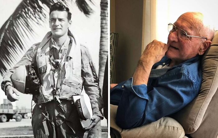 Side-by-side then-and-now photos showing a man as a young pilot and the same man elderly, illustrating time transformation.