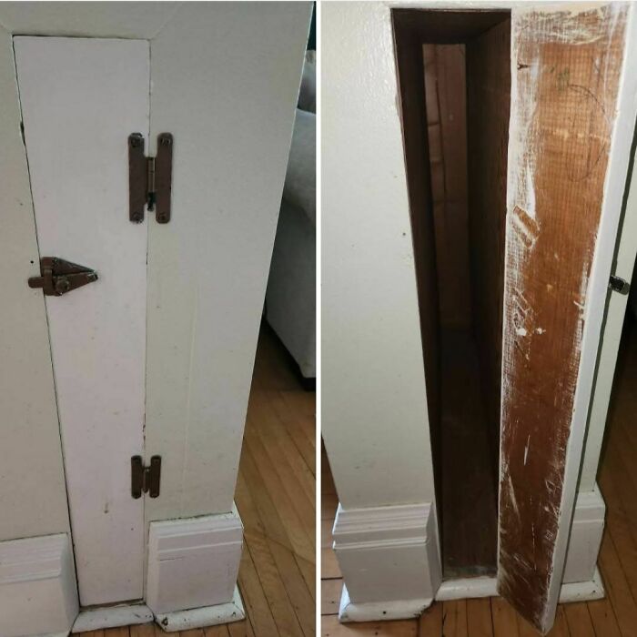 Hidden narrow door found inside a wall in an abandoned home, showcasing disturbing and weird things found in forgotten houses.