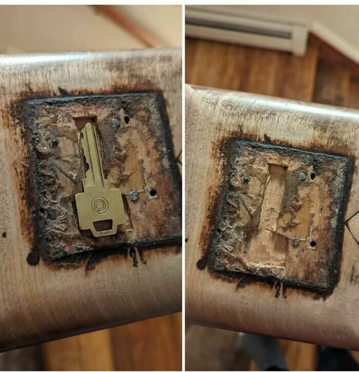 Key found embedded in old wooden furniture in an abandoned home showing disturbing and weird things found in forgotten houses.