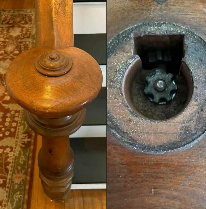 Close-up of a vintage wooden stair post and a hidden rusty mechanical gear found in abandoned homes.