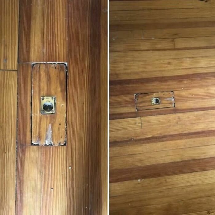 Wooden floor with a hidden door panel and old metal k**b, among disturbing and weird things found in abandoned homes.