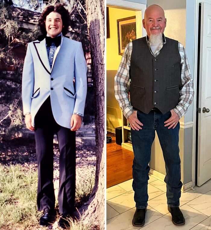 Side-by-side then and now photos of a man showing how time transforms appearance and style over the years