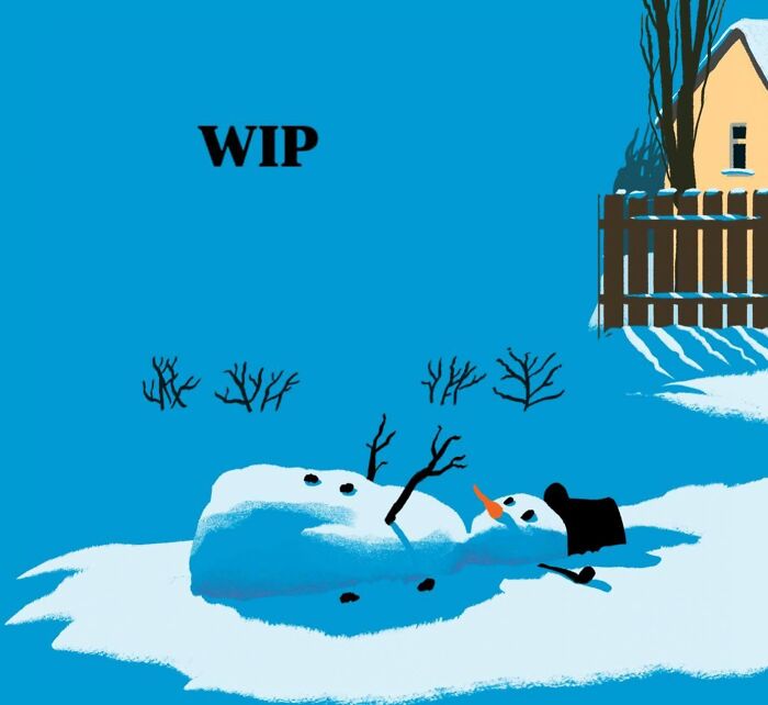 Melting snowman illustration representing clever visual metaphors in bold illustrations by Paul Blow.