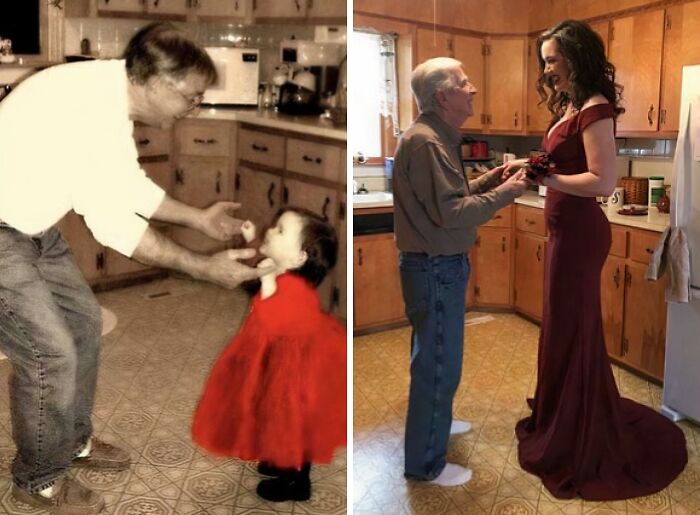Then-and-now photos showing a girl growing up with her grandfather in the kitchen over many years.