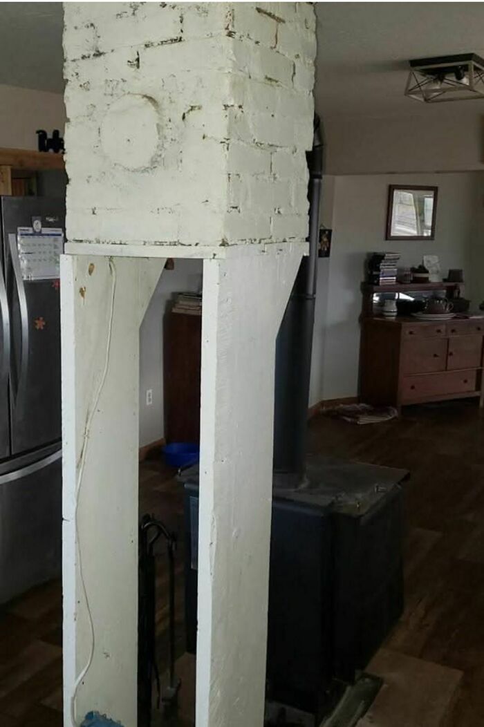 Disturbing and weird structure inside an abandoned home showing a white painted brick and wood chimney support.