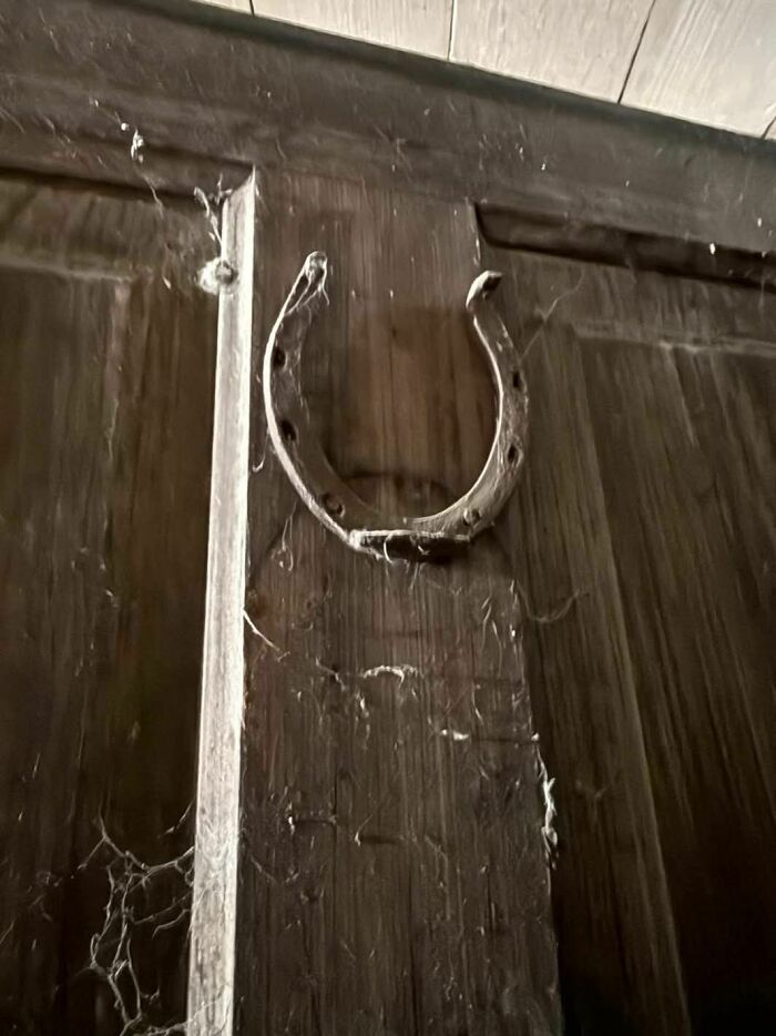 Old rusty horseshoe covered in cobwebs hanging on a dark wooden door in an abandoned home interior.