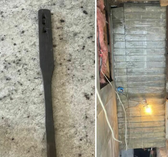 Disturbing and weird objects found in abandoned homes including a rusted tool and an unfinished wooden room with exposed wiring.