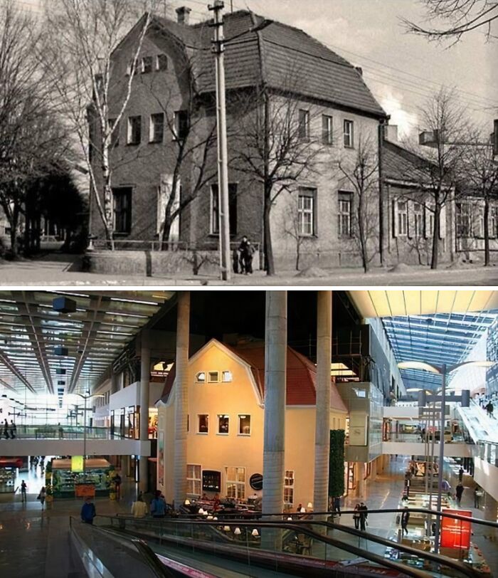 Black and white then-and-now photos showing transformation from an old building to a modern shopping mall interior.