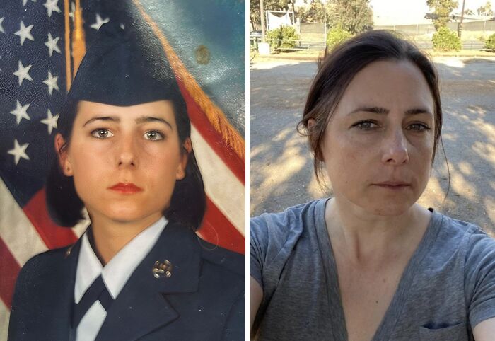 Side-by-side then and now photos of a woman, illustrating how time transforms everything through visible changes.