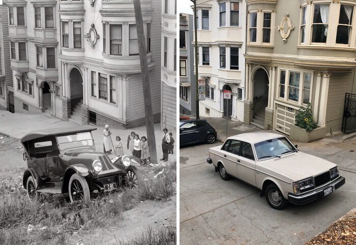 Then-and-now photos showing two different cars parked on the same street in front of historic buildings.