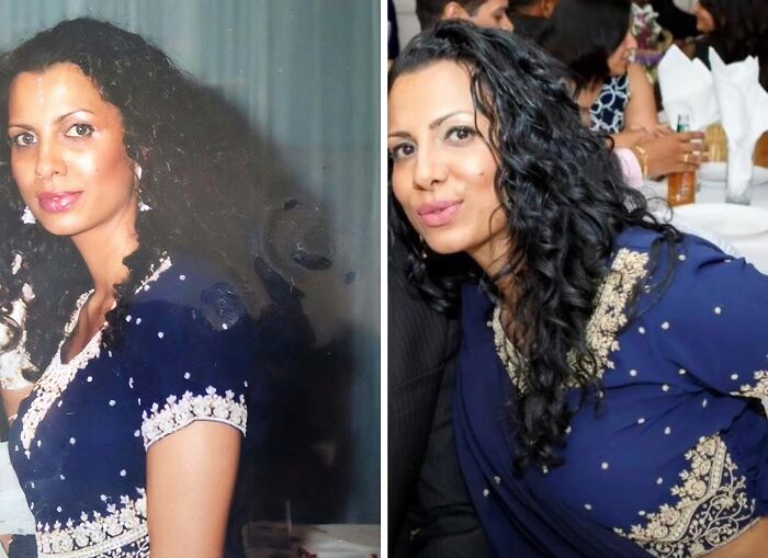Side-by-side then-and-now photos of a woman in a blue traditional outfit showing time transformation.
