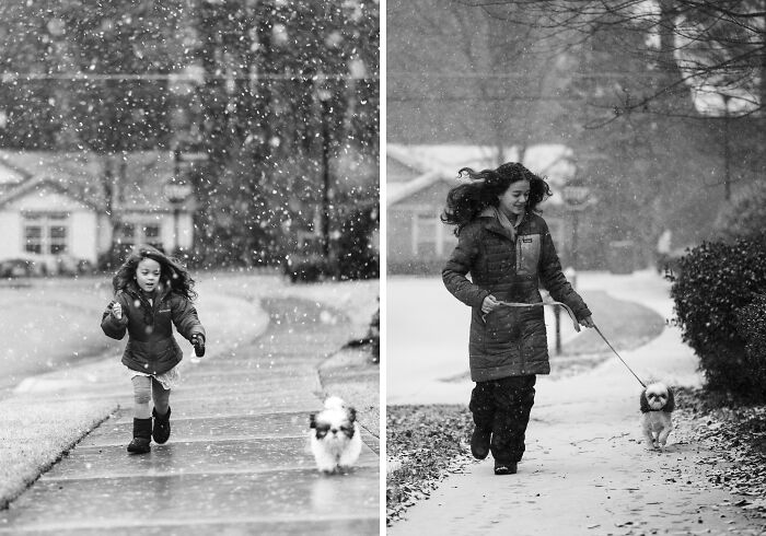 Side-by-side then and now photos of a girl walking outside with a small dog showing time transformation.
