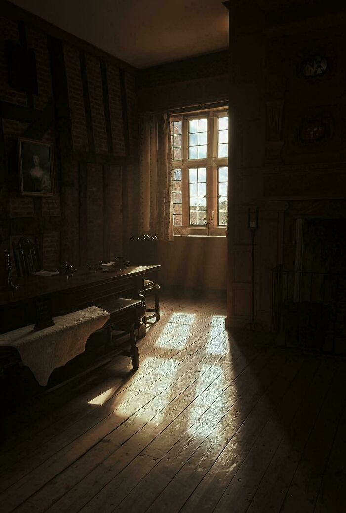 Sunlight streaming through a window onto a wooden floor in a rustic room, with an Accidental Renaissance atmosphere