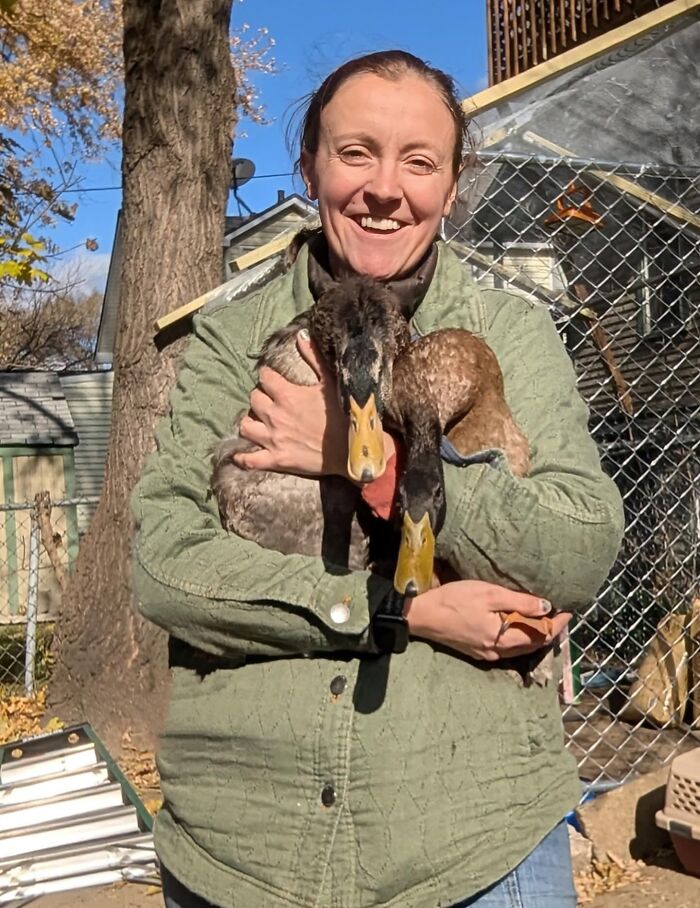 Woman holding two ducks outdoors, showcasing ladies choosing power tools and lab coats over manicures.